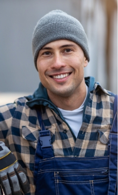 Smiling man in overalls and a gray beanie