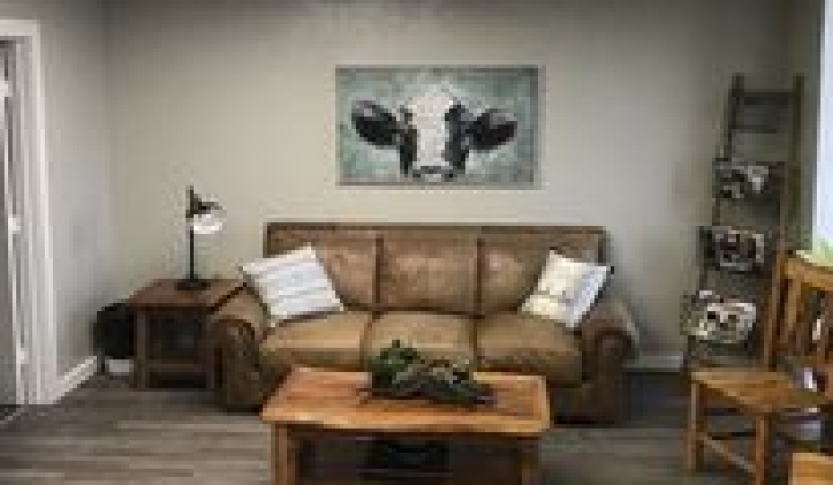 Brown couch in reception area of Texas Dental Excellence